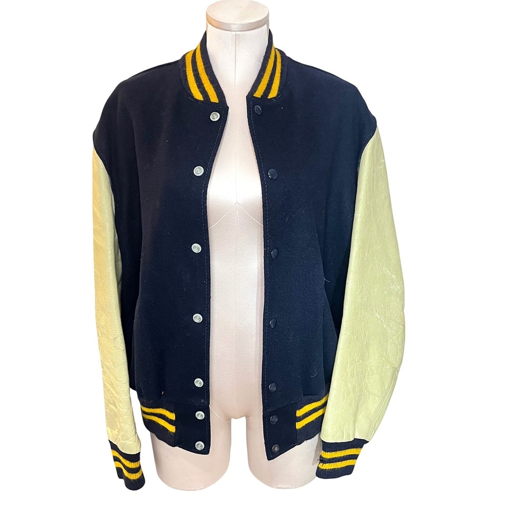 Vintage Navy Wool Leather Varsity Letterman Jacket Cream Sleeves Size 42